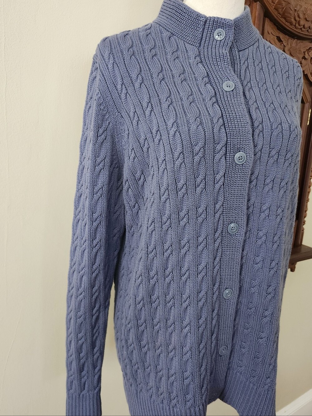 L.L. Bean Cable Knit Button-Up Sweater Cardigan Blue, L - Picture 8 of 9